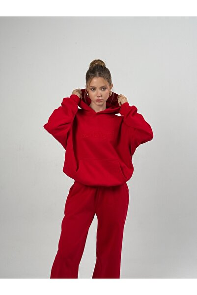 laulei Oversize Beli Lastikli Bol Paça Kırmızı Eşofman Takımı