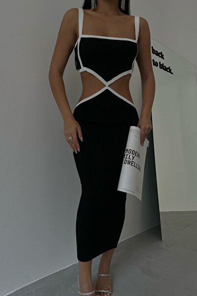 lovebox Жіноча чорно-біла сукня на тонких бретельках з декольте та деталями 23s25014