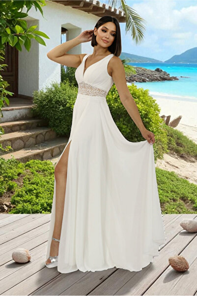 FaBe Fashion KALIN ASKILI DANTEL KOMBİNLİ YIRTMAÇLI BEYAZ ŞİFON NİKAH ,NİŞAN ve Dış Çekim Elbisesi