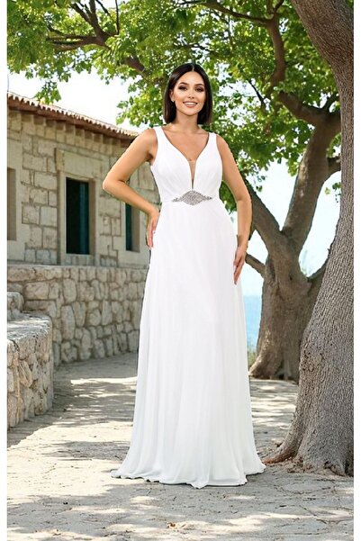 FaBe Fashion KALIN ASKILI DRAPELİ BELİ TAŞ AKSESUARLI BEYAZ ŞİFON NİKAH ,NİŞAN ve Dış Çekim Elbisesi