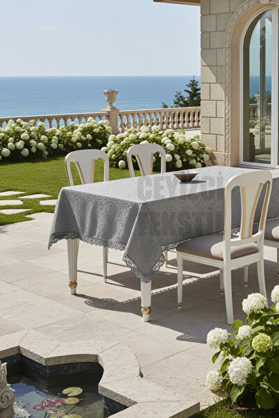 Çt Çeyizci Tekstil مفرش طاولة فردي برباط فرنسي مقاوم للبقع 160x220 سم - قماش طاولة رمادي