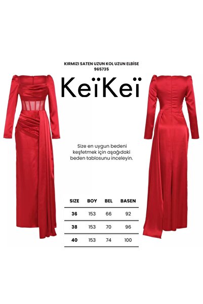 Keikei Kırmızı saten uzun kol uzun elbise