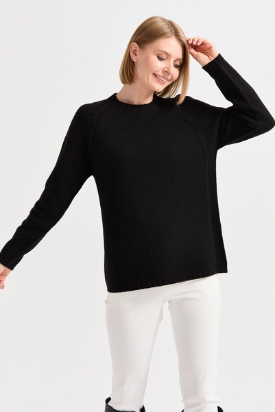 Desen Triko Women's Crew Neck Shoulder Braided Wool Sweater Black