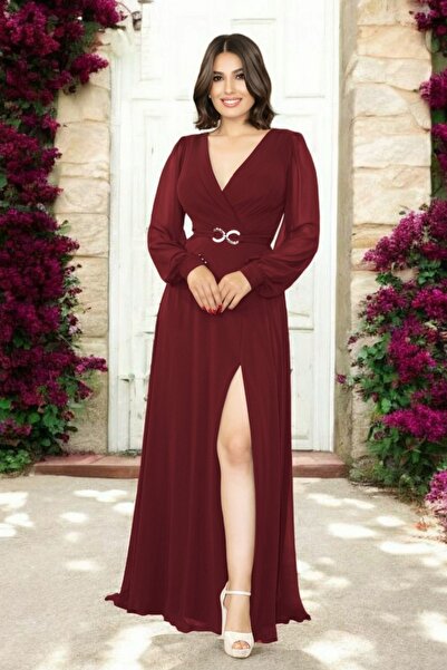 FaBe Fashion KRUVAZE YAKA UZUN KOLLU BELİ TOKALI YIRTMAÇLI ŞİFON NİKAH VE DIŞ...