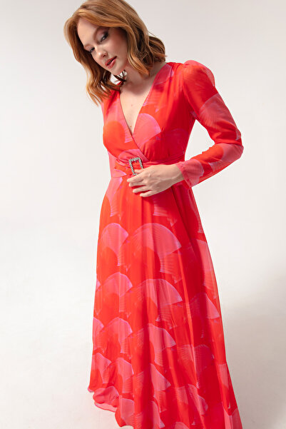 Lafaba Kadın Turuncu V Yaka Taşlı Kemerli Uzun Elbise