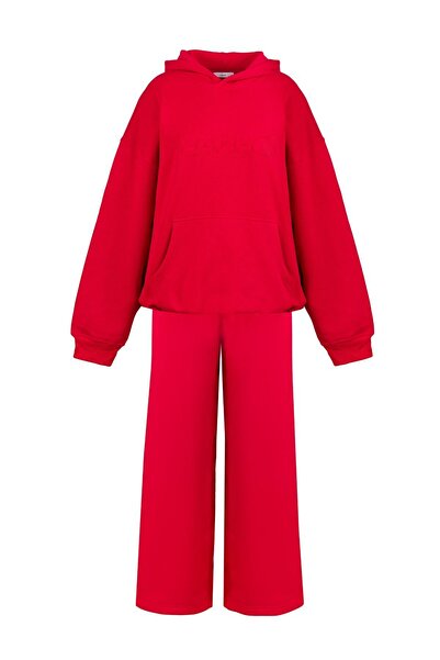 laulei Oversize Beli Lastikli Bol Paça Kırmızı Eşofman Takımı