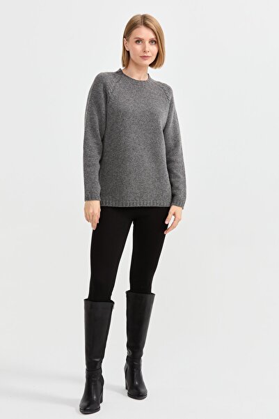 Desen Triko Women's Crew Neck Shoulder Braided Wool Sweater Smoked