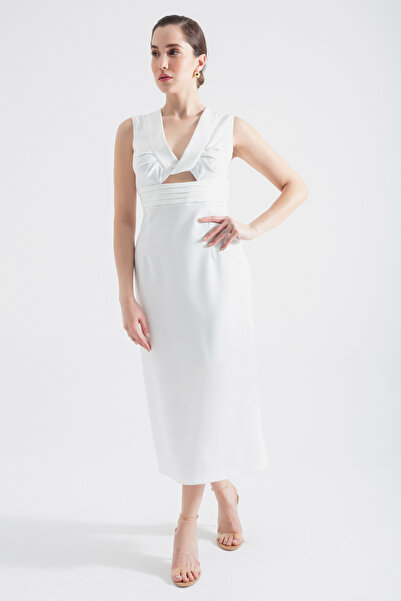 Lafaba Γυναικείο μίντι φόρεμα σε λευκό λαιμόκοψη με V λαιμόκοψη