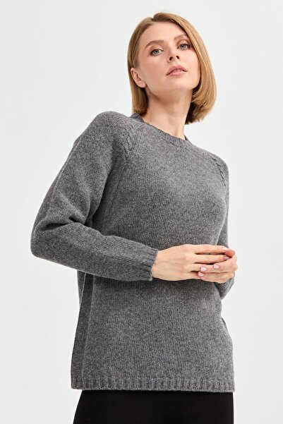 Desen Triko Women's Crew Neck Shoulder Braided Wool Sweater Smoked