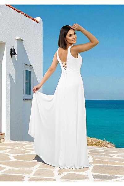 FaBe Fashion KALIN ASKILI DRAPELİ BELİ TAŞ AKSESUARLI BEYAZ ŞİFON NİKAH ,NİŞAN ve Dış Çekim Elbisesi