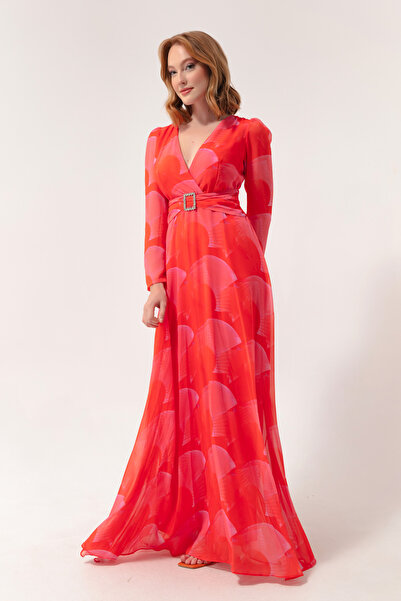 Lafaba Kadın Turuncu V Yaka Taşlı Kemerli Uzun Elbise