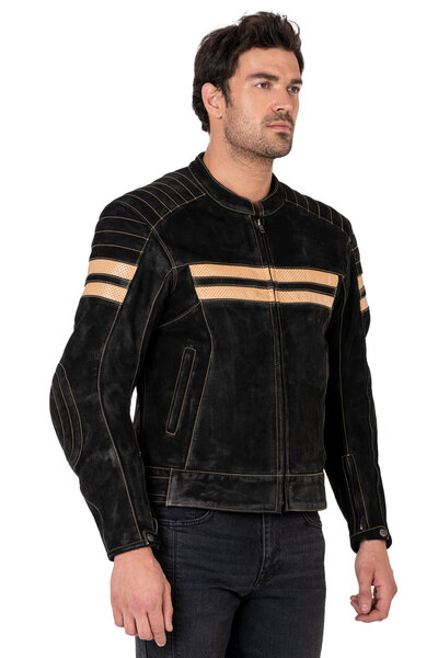The Biker Jeans Retro Wax Black Korumalı Motosiklet Deri Montu Erkek