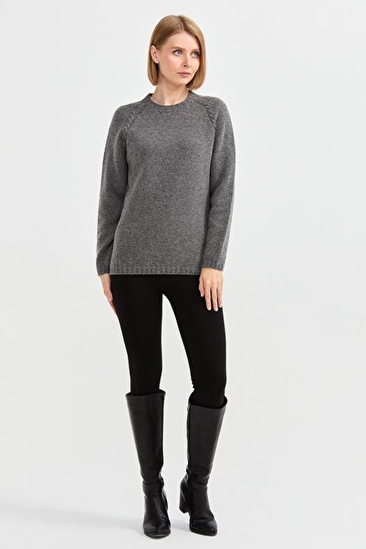 Desen Triko Women's Crew Neck Shoulder Braided Wool Sweater Smoked