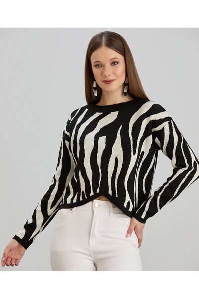 Sortie Zebra Desenli Bisiklet Yaka Triko Kazak Siyah