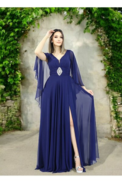 FaBe Fashion PELERİN KOLLU BELİ TAŞ AKSESUARLI DRAPELİ KALP YAKA BEYAZ ŞİFON Nikah Nişan ve Dış Çekim Elbisesi