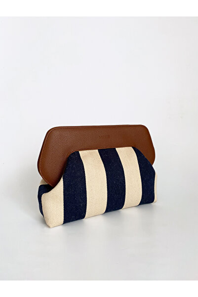 HEYBE'S Heybes Kadın Lacivert Çizgi Desenli Kanvas Clutch El Çantası