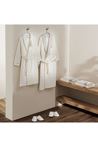 Ecocotton طقم رداء حمام عائلي من Vanya - 100% قطن عضوي، كريمي مطرز، M/L