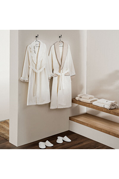 Ecocotton طقم روب حمام عائلي من Leyna - 100% قطن عضوي، كريمي مطرز، M/L