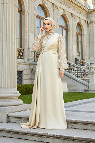 Neva Style فستان سهرة حجاب ذهبي مطرز بالترتر 2311 ذهبي