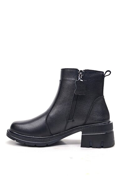 DONDUK Women's Real Genuine Leather Zippered Short Black Boots