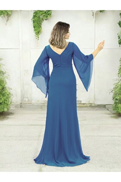 FaBe Fashion Uzun Şal Kollu V Yakalı Beli Taş Aksesuarlı Beyaz Şifon Nikah Nişan Söz ve Dış Çekim Elbisesi