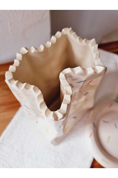 ÖZLEMKAYMAZ SERAMİK ÇİZGİLİ CONFETTİ KESE KAĞIDI DEKORATIF VAZO 15X8.5 CM