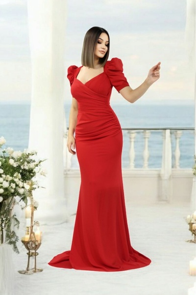 FaBe Fashion KRUVAZE ÖPÜCÜK  YAKA KOLLARI BÜZGÜLÜ ETEĞİ DRAPELİ MAKSİ KREP ELBİSE nişan-söz-mezuniyet