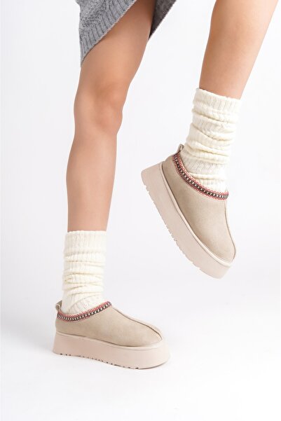 asmi shoes Kadın Rose Krem İçi Tüylü Düz Taban Ayakkabı - Yarım Bot