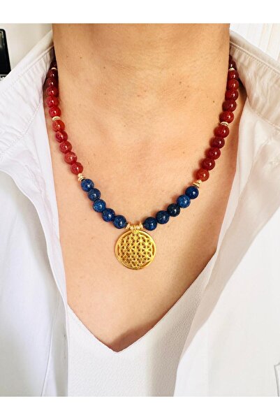 DEVİ fashion Agate Natural Stone Flower of Life Necklace 46 cm