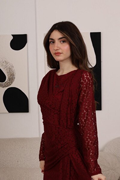 Generic Long red lace evening dress with long sleeves and luxurious design