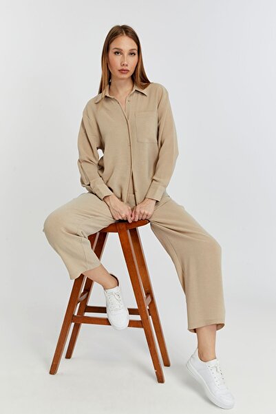 Bolivente Kadın Bej Casual Salaş Kalıp Gömlek