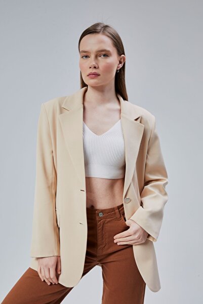 Bolivente Kadın Oversize Düz Kesim Astarlı Dokuma Blazer Ceket