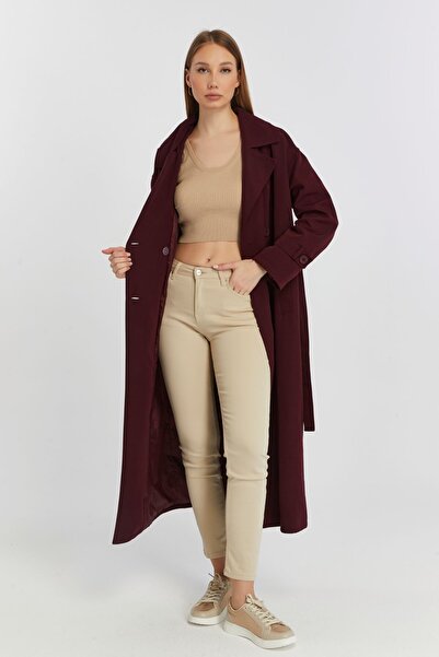 Bolivente Burgundy Oversize Windbreaker Detailed Trench Coat