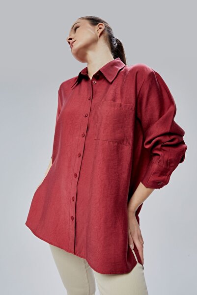 Bolivente Bordo Yırtmaç Detaylı Oversize Gömlek