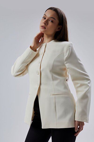 Bolivente Ecru Crew Neck Regular Woven Jacket