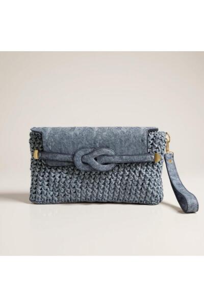 crafttatelier Mavi Renk Yıkanabilir Milano Rafya Tasarım Clutch Çanta Örgü Çanta