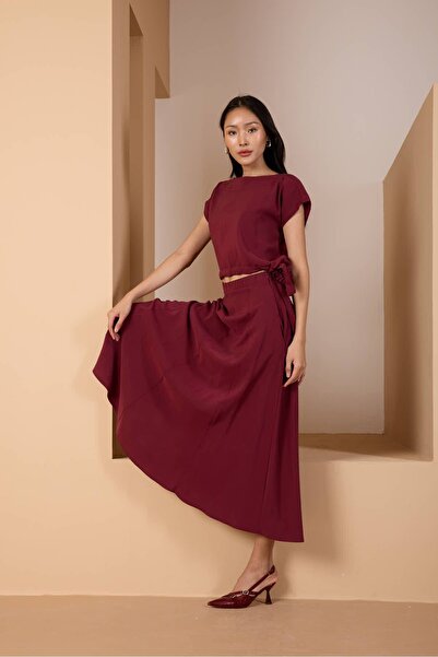 Bolivente Fusta țesătă cu talie elastică, roșu Claret