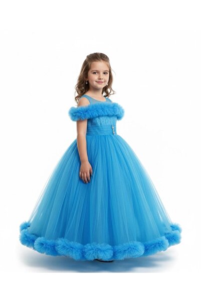 BİLGEN Style KIZ ÇOCUK TARLETAN LI KEMER TEDAYLI DÜŞÜK KOL ŞIK ÖZEL GÜN VE DÜĞÜN KOPMSETTİ ABİYE ELBİSE