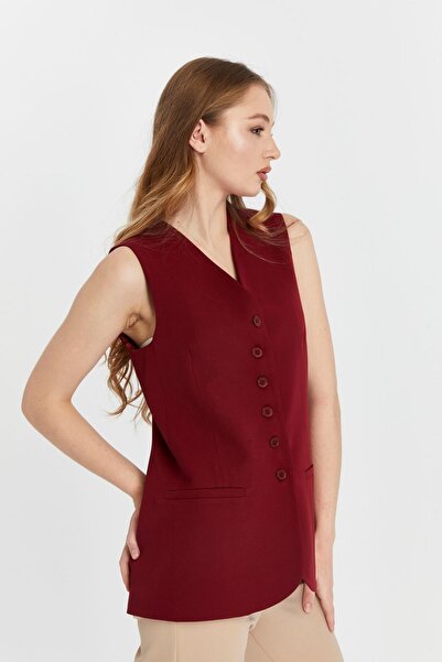 Bolivente Burgundy Women's Buttoned Regular Lined Woven Vest