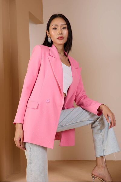 Bolivente Pembe Regular Dokuma Astarlı Taş Detaylı Blazer Ceket