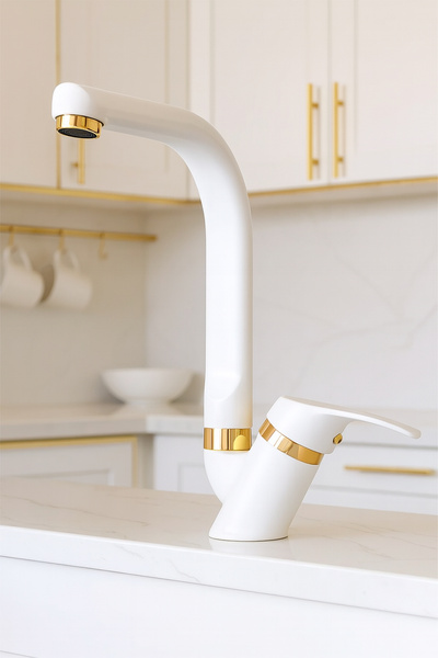 KUSTAR Tyal Balık Beyaz Gold Mutfak Evye Bataryası