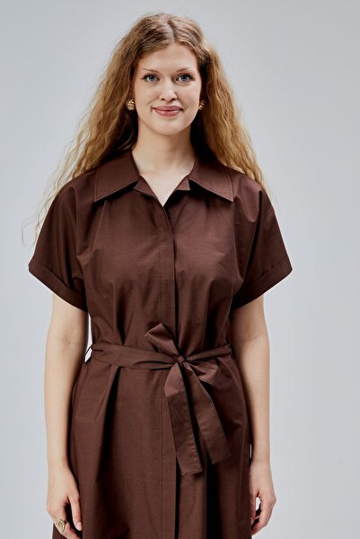 Bolivente Кафява рокля от поплин с копчета и яка-риза