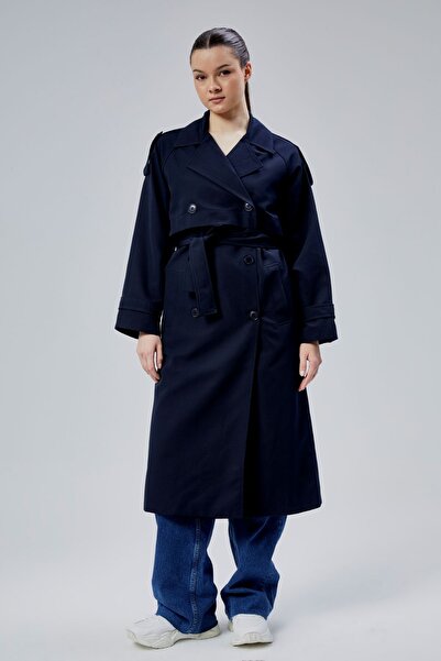 Bolivente Lacivert Kruvaze Kapama Rüzgarlık Detaylı Trençkot 44956