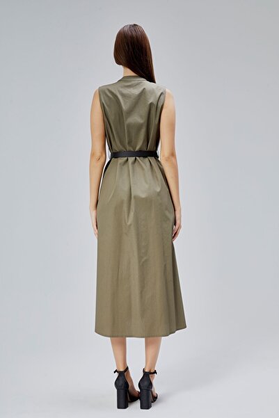 Bolivente Χακί Κανονικό Φόρεμα Βαμβακερό Ποπλίνα με Ζώνη Γιακά C