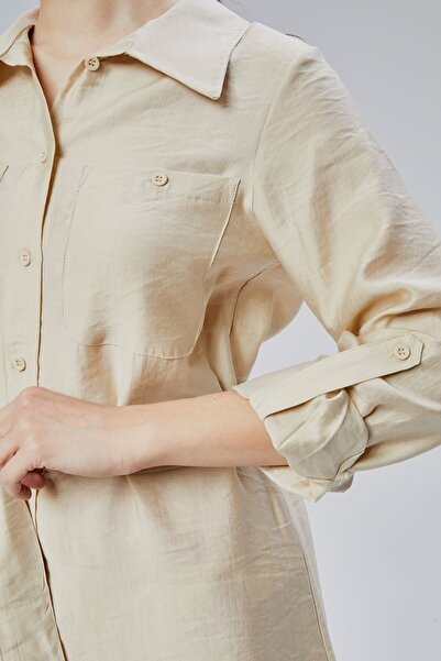 Bolivente Açık Bej Regular Fit Kuşak Kemerli Gömlek Elbise