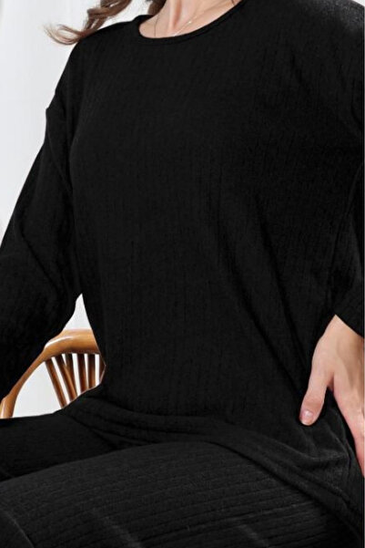Farya Home Pamuklu Kalın Kışlık İnterlok Şeritli Uzun Kollu Örme Pijama Takımı
