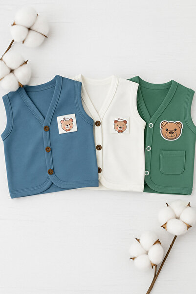 Baharda Nova %100 Pamuk Bebek Penye Yelek 3'lü Set / Kız Erkek Unisex