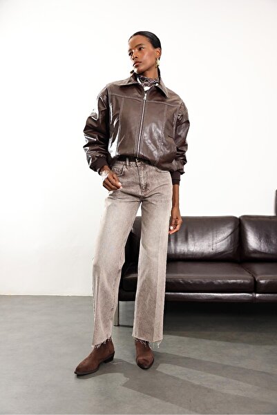 5in1Canpolat Brown Contrast Stitched Leather Bomber Jacket