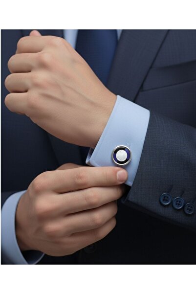 1001 Kravat Mavi Beyaz Lacivert Daire Desenli Gümüş Rengi Kol Düğmesi