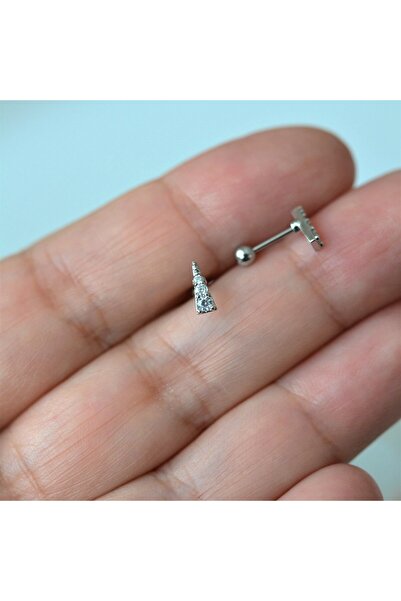 Heppii Gümüş Renkli Cerrahi Çelik Taşlı Mini Üçgen Piercing Helix Lob Kıkırda...